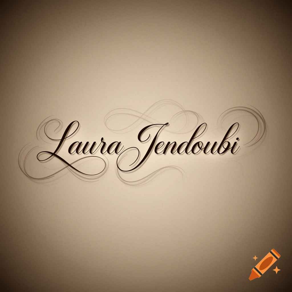 Elegant black script signature 'Laura Jendoubi' with decorative swirls on a warm beige background.