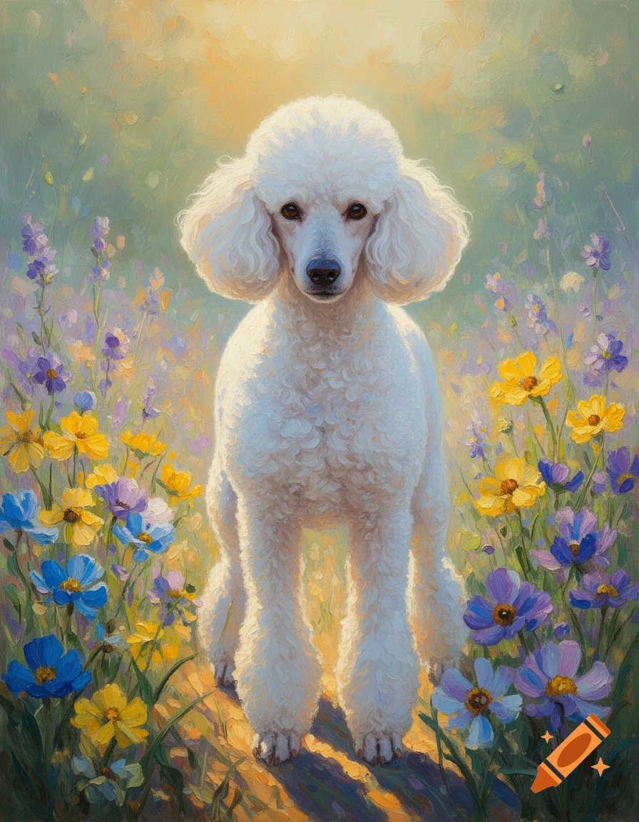 A white poodle stands amidst a vibrant field of yellow, blue, and purple flowers, rendered in an painterly style.