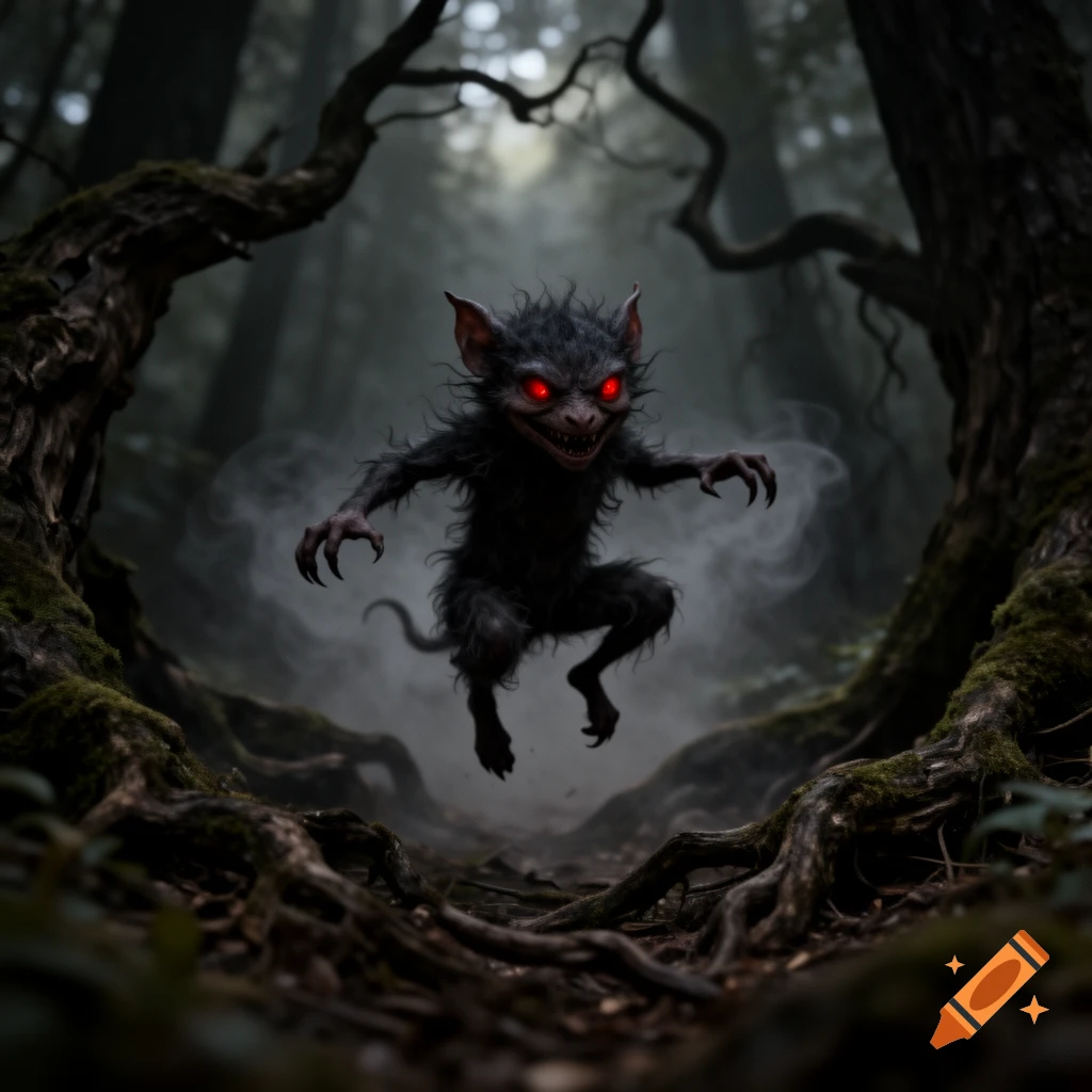 A furry, dark, goblin-like creature with glowing red eyes and sharp claws leaps in a misty, dark forest with gnarled trees. Photorealistic.