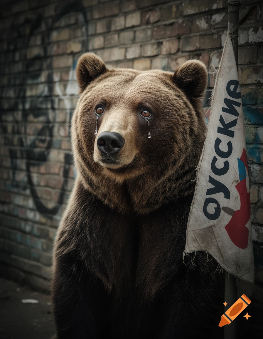 A sad brown bear with tears streaming down its face stands next to a dirty flag with "русские" (Russians) written on it, against a brick wall.