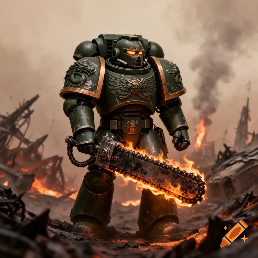 A photorealistic Warhammer 40k Space Marine in green power armor holds a flaming chainsaw amidst a fiery, war-torn landscape.