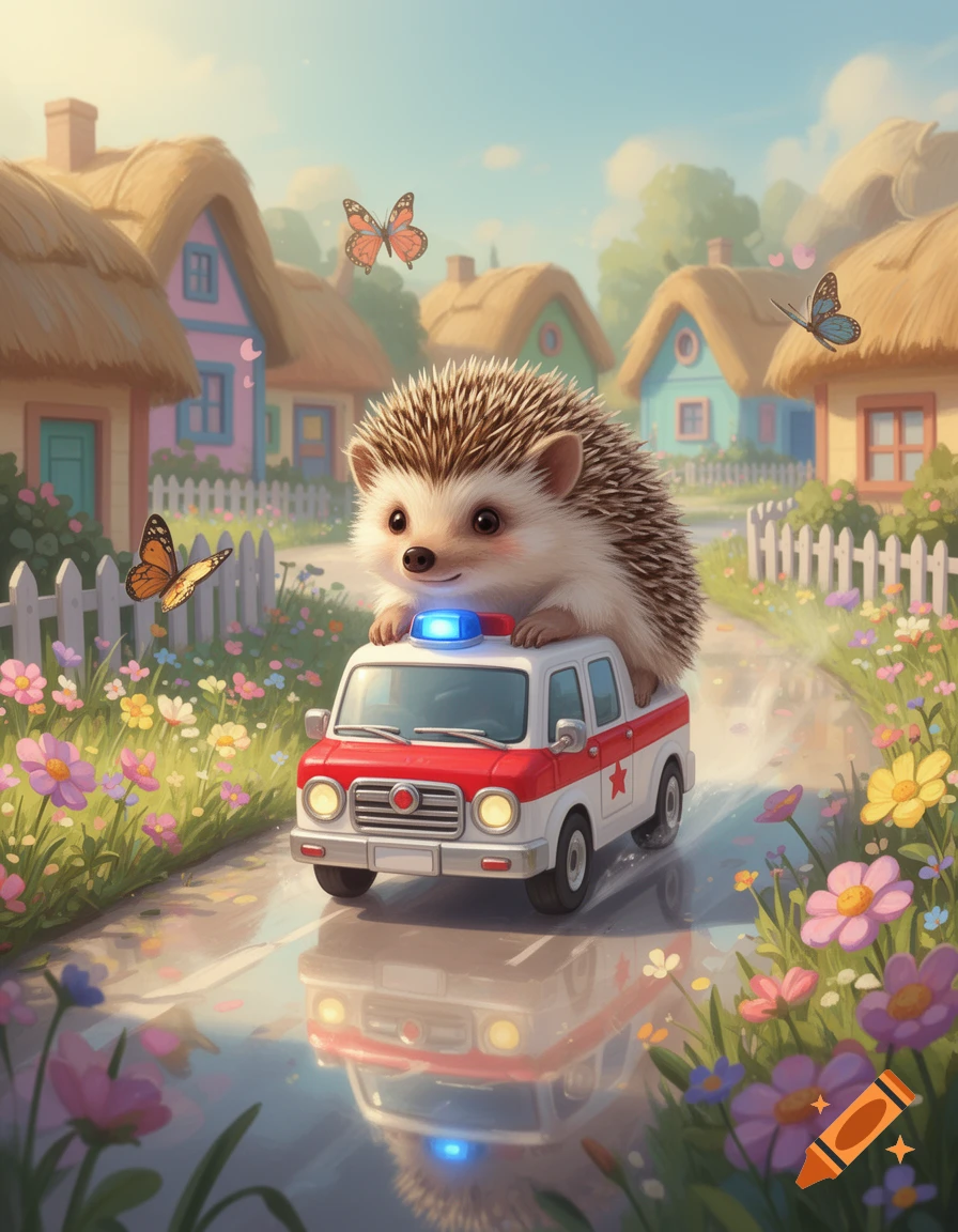 A cute cartoon hedgehog drives a red and white ambulance through a whimsical village street with thatched-roof houses and blooming flowers.