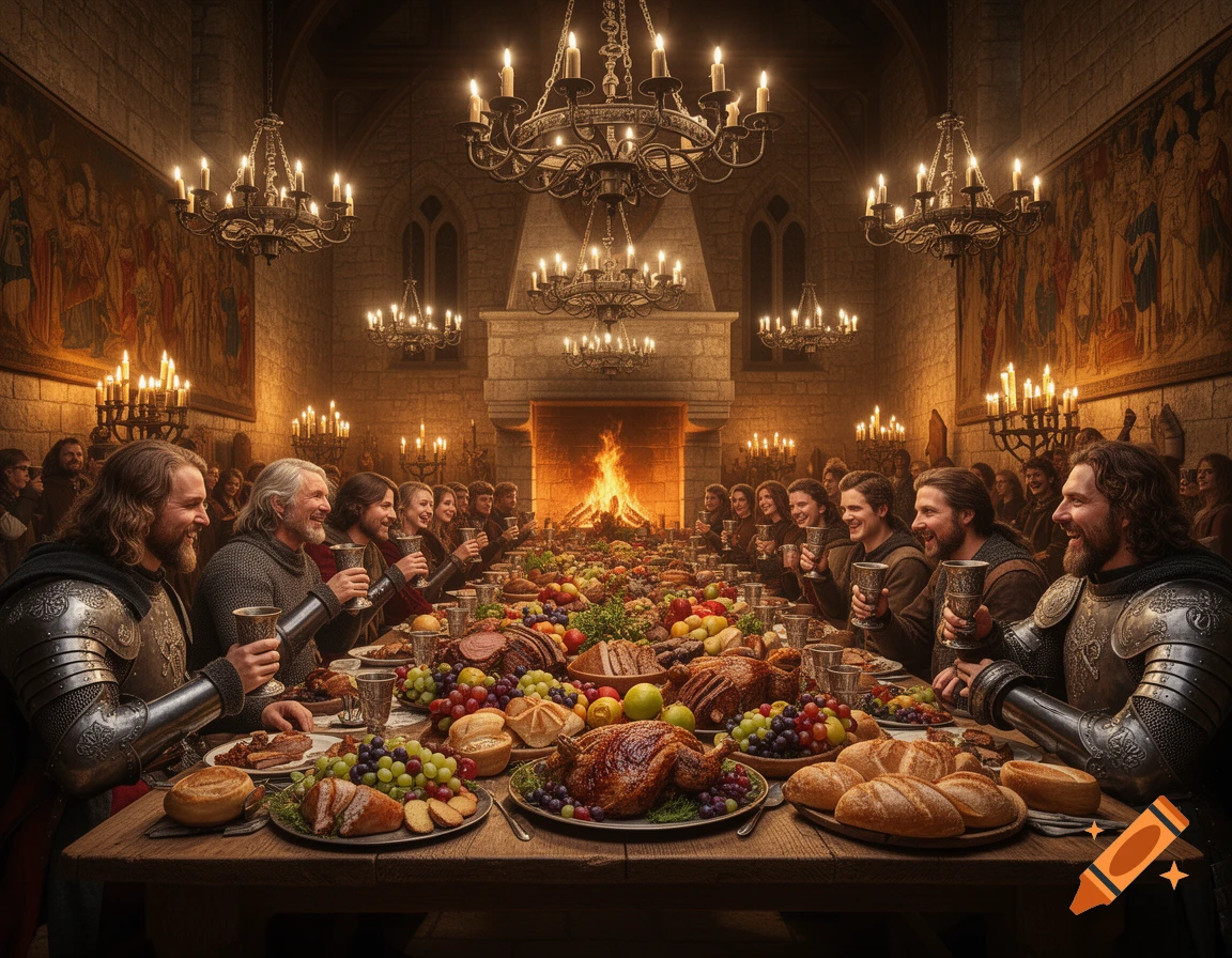 A photorealistic image of a grand medieval feast in a stone hall, with knights and nobles gathered around a long table laden with food and drink.