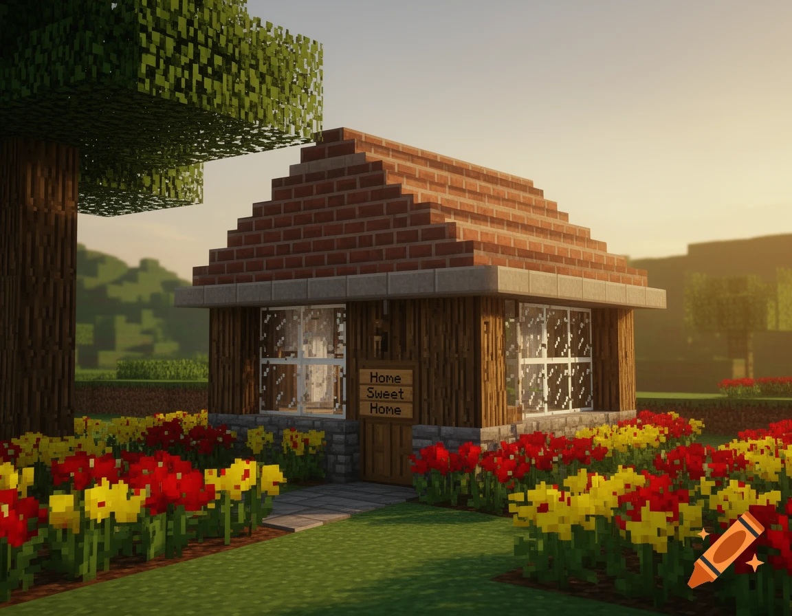 A pixelated Minecraft house with a brick roof and a 'Home Sweet Home' sign, surrounded by colorful flowers under a sunset sky.