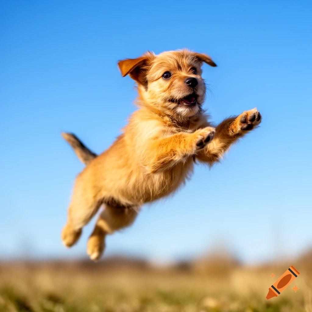 A light brown puppy joyfully leaps high into the air against a clear blue sky, with blurred grass below.