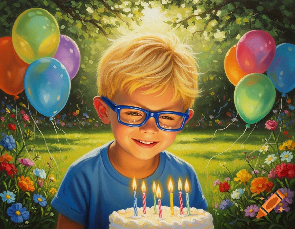 A blonde boy in blue glasses smiles, holding a birthday cake with candles, surrounded by colorful balloons and flowers in a sunny painted park.