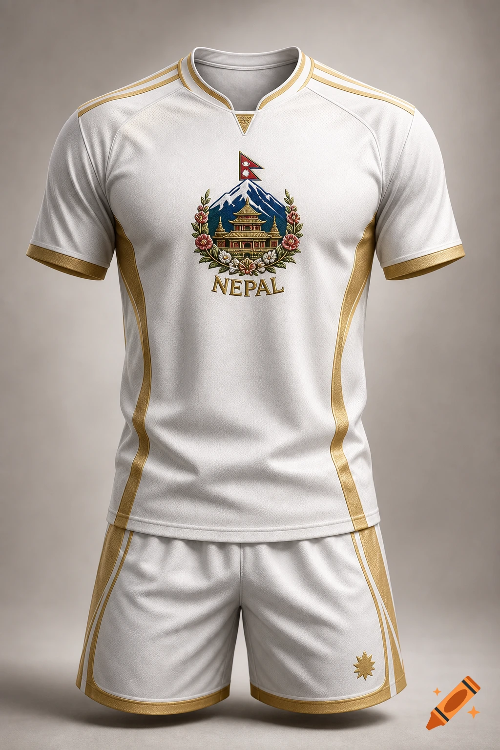 White and gold football jersey and shorts featuring a detailed Nepal logo with a mountain, temple, and flag on the chest.