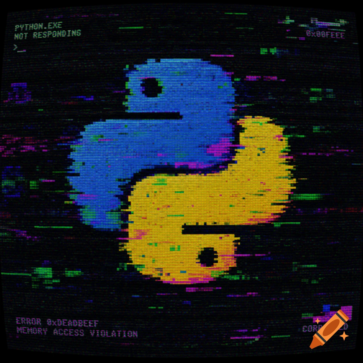 A glitched, pixelated Python logo against a dark background, with digital error messages and scanlines simulating a 'cursed image' aesthetic.