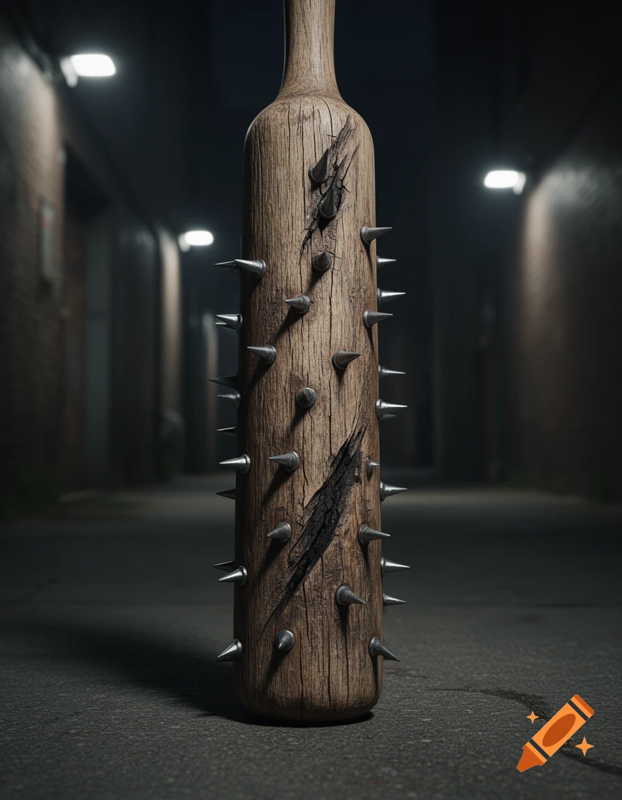A photorealistic image of a wooden baseball bat covered in metal spikes, standing upright in a dark, grimy alleyway with dim lights.