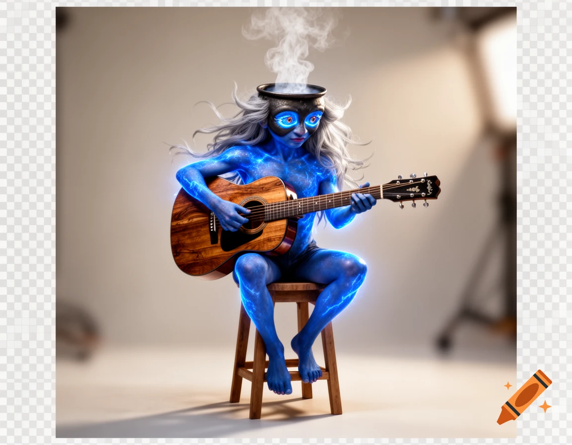 A blue-skinned fantasy character with glowing patterns, a pot on its head, and large eyes, playing an acoustic guitar on a stool.