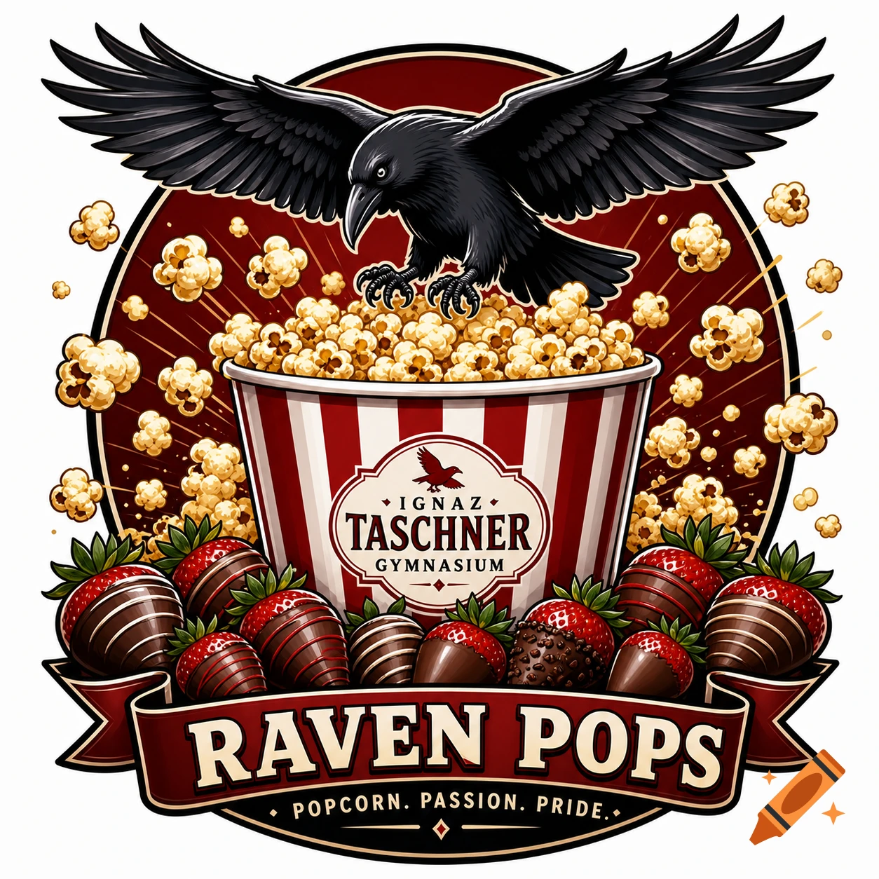 A detailed logo featuring a black raven flying into a red and white striped popcorn bucket, surrounded by chocolate-covered strawberries. Text reads 'RAVEN POPS' and 'IGNAZ TASCHNER GYMNASIUM'.