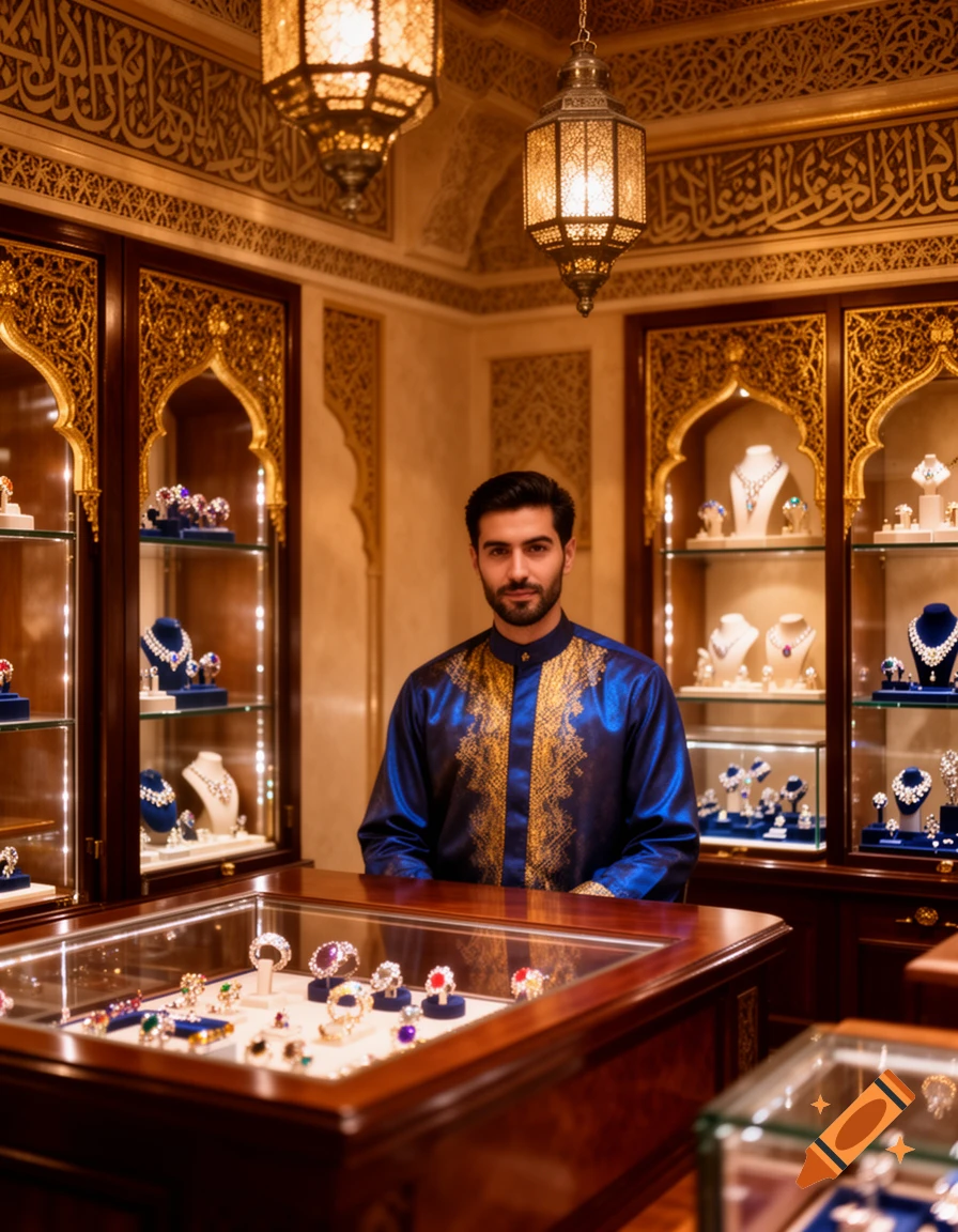 A bearded man in an embroidered blue shirt stands in an ornate Arabian-style jewelry store with display cases, jewelry, and lanterns.