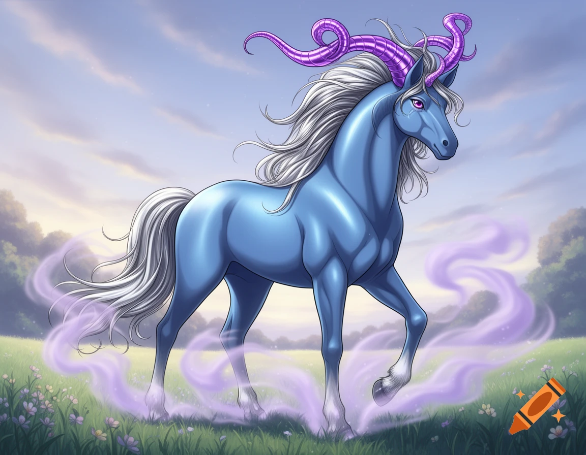A light blue fantasy horse with a silver mane, purple curly horns, and purple eyes stands in a grassy field with purple mist, anime style.