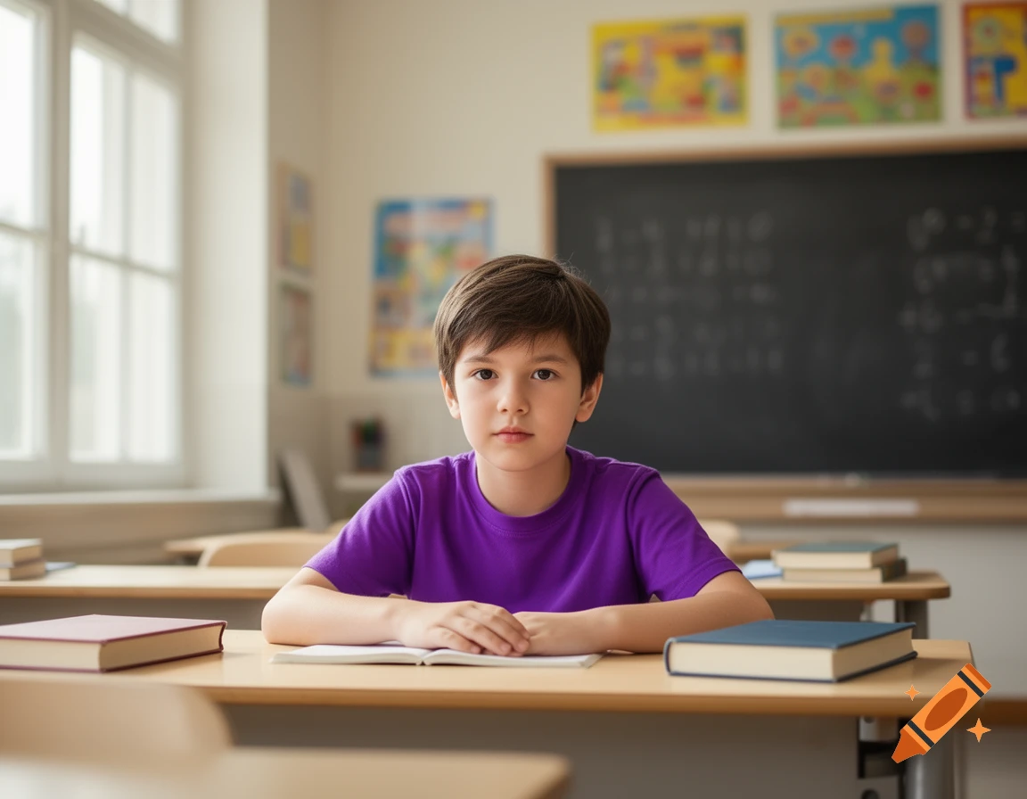 A young boy in a purple shirt sits at a desk in a classroom, looking forward, with books on the desk.
