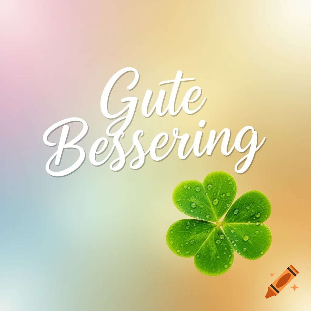 Text 'Gute Besserung' in white script on a pastel gradient background with a green four-leaf clover with water droplets.
