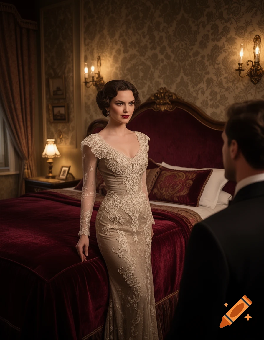 A woman in an elegant, ornate lace gown stands in a luxurious bedroom, looking at a man. Photorealistic.