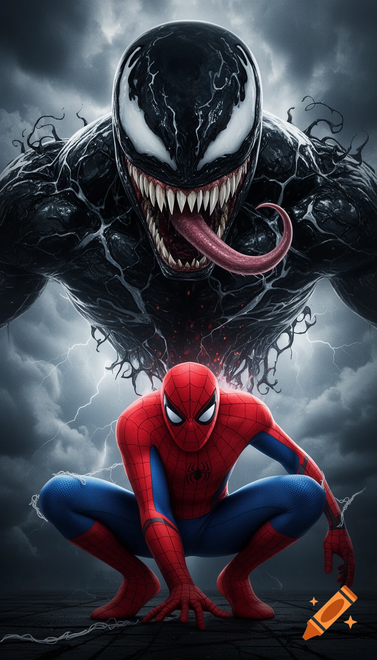 Spider-Man crouches beneath a menacing, fanged Venom under a stormy, lightning-filled sky in a dramatic comic art style.
