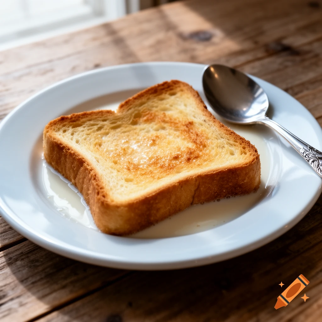 A slice of golden brown milk toast soaking in milk on a white plate with a silver spoon, set on a wooden table.