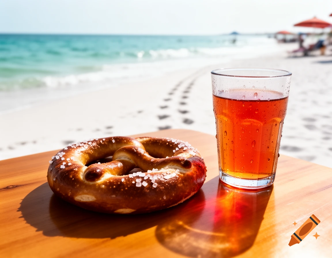 A golden-brown pretzel with salt next to a glass of iced tea on a wooden table, overlooking a sunny beach and ocean.