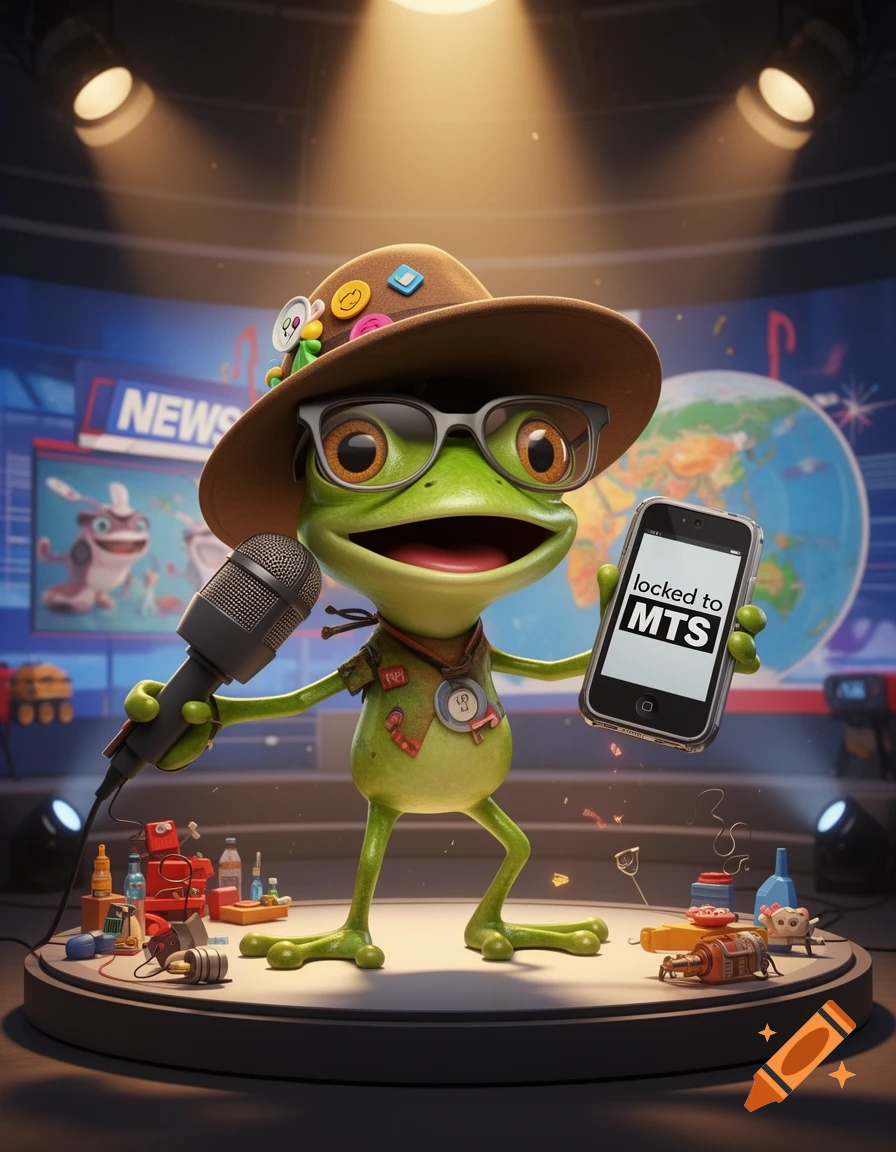 A 3D cartoon frog in a hat and glasses, holding a microphone and a smartphone displaying "locked to MTS", on a news studio set.