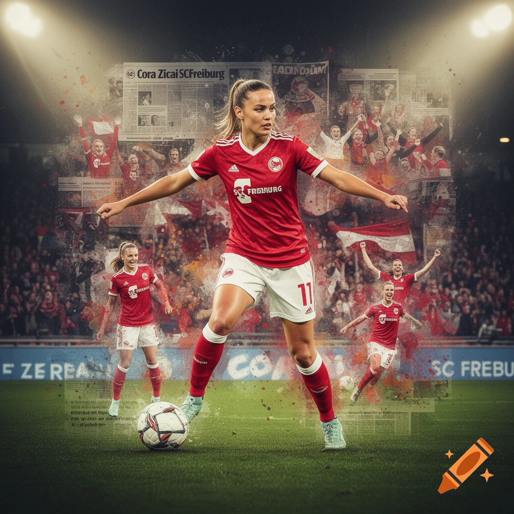 Dynamic collage featuring a female soccer player in a red and white uniform with number 11, with other players, fans, and newspaper clippings in the background. Photorealistic style.