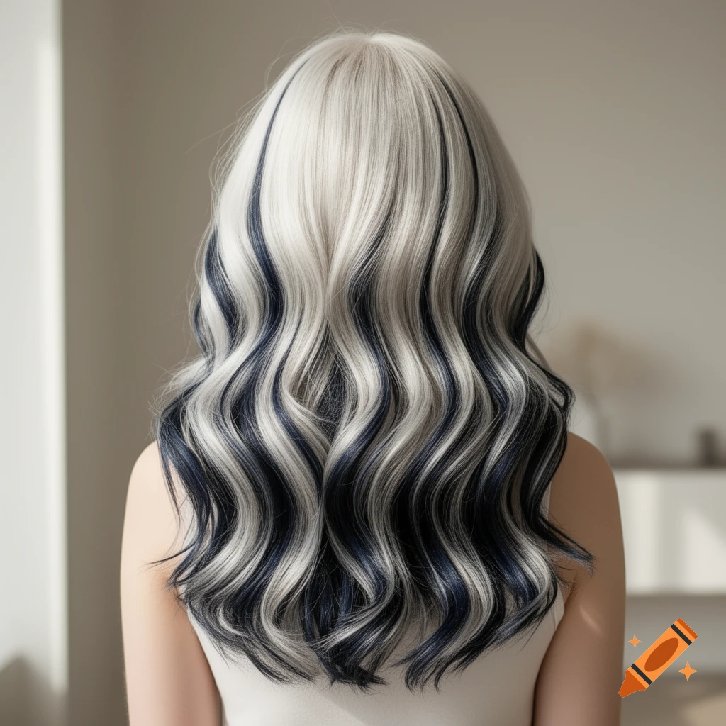 Back view of a person with long, wavy platinum blonde hair featuring prominent navy blue and black streaks in a photorealistic style.