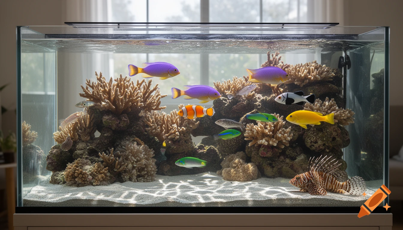 A photorealistic shot of a large rectangular fish tank with colorful tropical fish, live corals, and a sandy bottom.