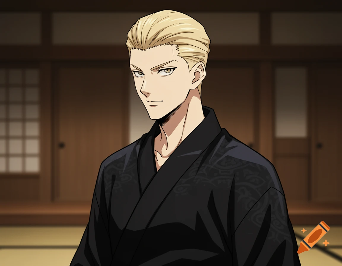 Anime male character with short blonde hair and sharp eyes, wearing a black kimono with a subtle pattern, standing indoors.