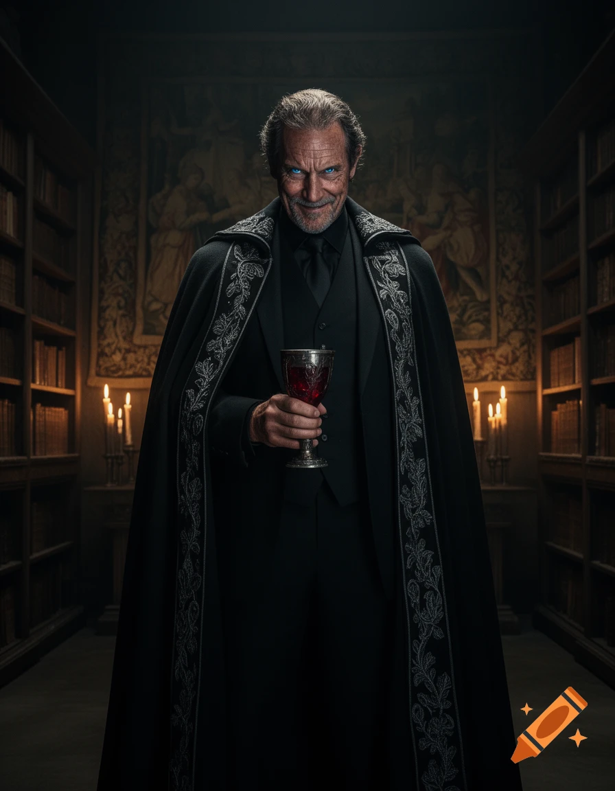 A sinister man with glowing blue eyes, grey hair, and an embroidered black cape holds a red goblet in a dark, candlelit library.
