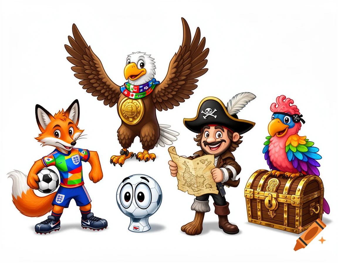 A colorful group of cartoon mascots, including a football fox, an eagle with a medal, a pirate captain, a parrot on a treasure chest, and a soccer ball with eyes.