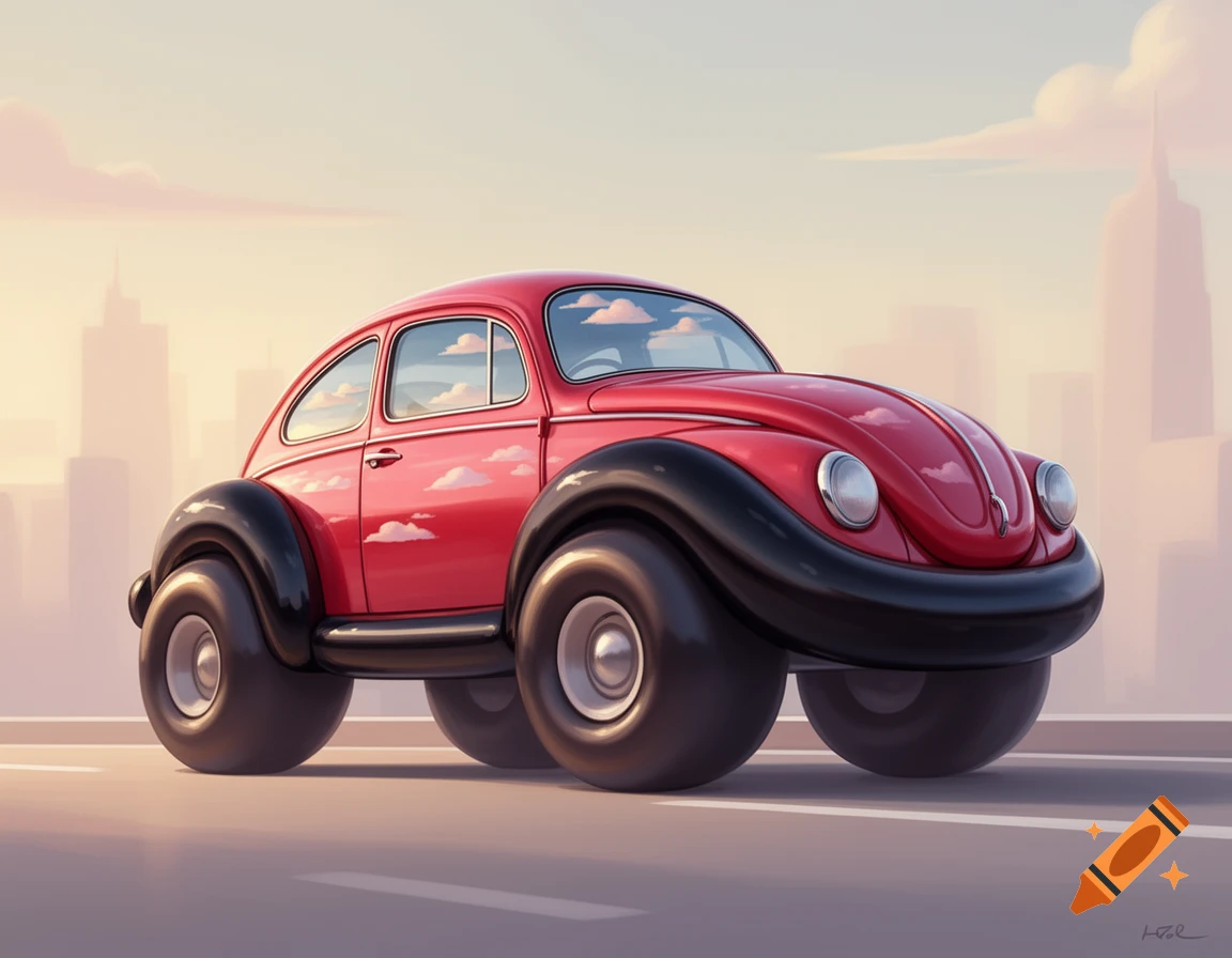 A stylized red cartoon car, resembling a Volkswagen Beetle with inflated tires and fenders, drives on a road with a soft city skyline background.