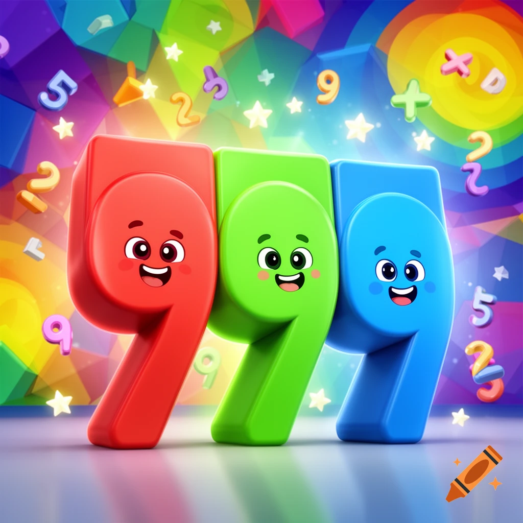 Three happy, cartoonish red, green, and blue number 9 characters stand among floating numbers and stars on a colorful background.