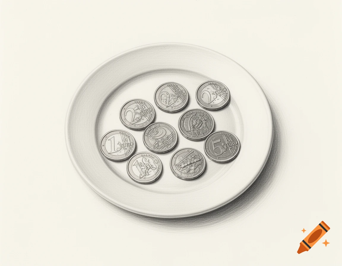A detailed pencil drawing showing several Euro coins, including 1, 2, and 5 Euro denominations, arranged on a white plate.