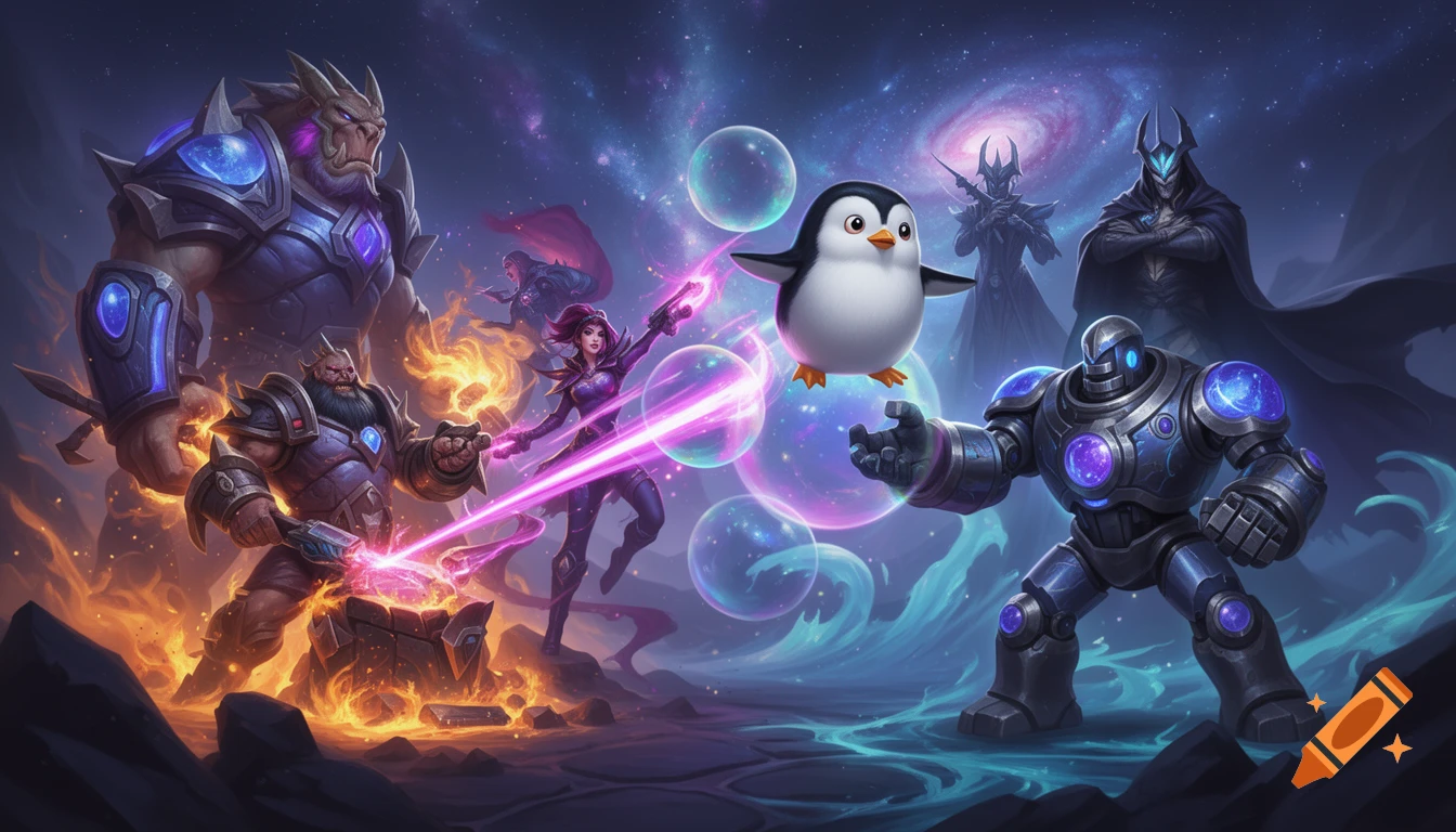 Armored fantasy characters battle in a cosmic setting with a cartoon penguin, glowing energy, and fire. Game art style.