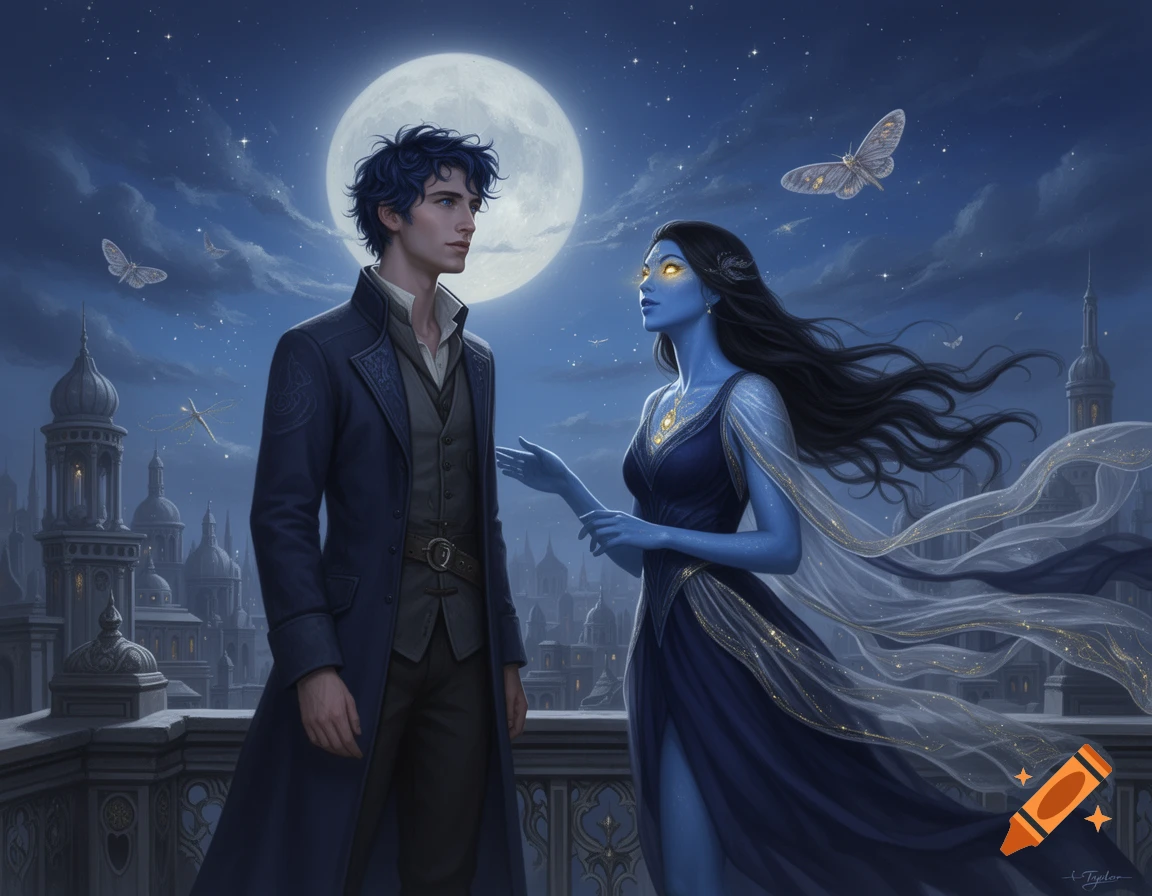 A blue-skinned woman and a dark-haired man gaze at each other on a moonlit rooftop in a fantasy city, in a dreamlike illustration.