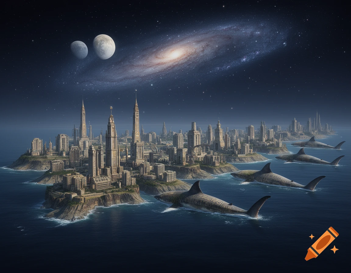 A futuristic city on islands under a starry night sky with two moons and a galaxy. Large sharks with ancient carvings swim in the ocean surrounding the city.