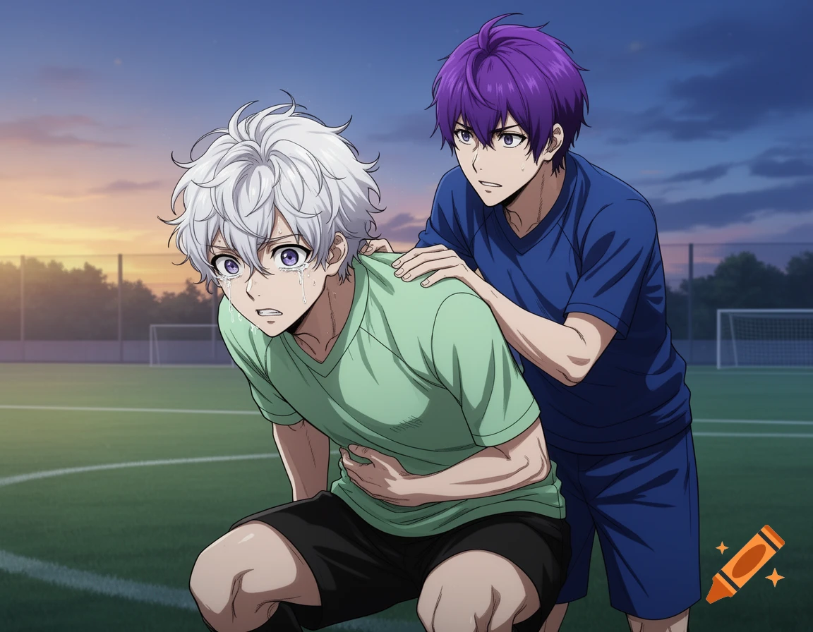 Anime style image of a white-haired boy crying and clutching his stomach on a soccer field, supported by a purple-haired boy at dusk.