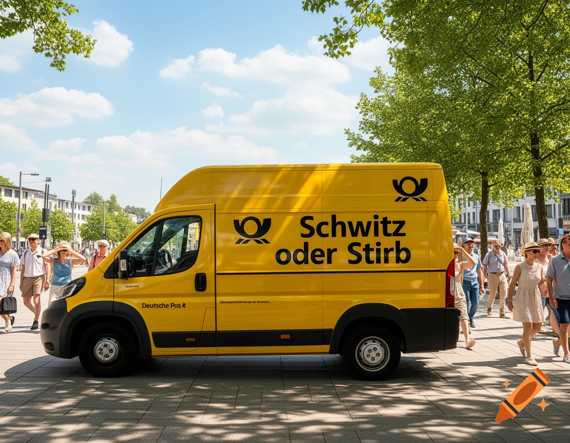 A yellow Deutsche Post delivery van parked on a sunny city street with people walking in the background and green trees.