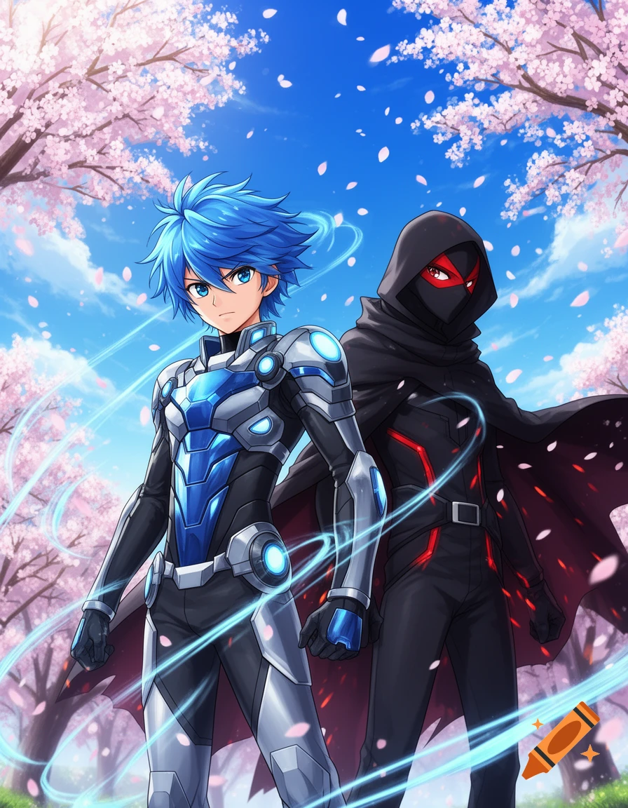 Two anime characters, one in blue and white armor and one in a black hooded outfit, stand under cherry blossom trees.