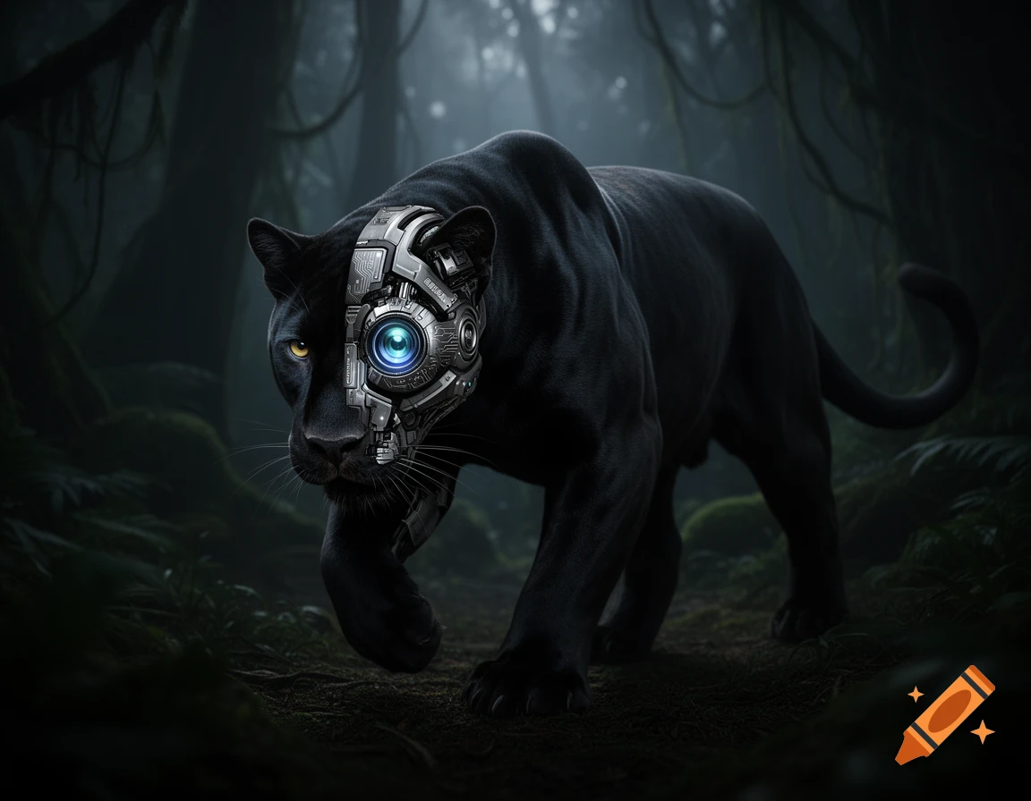 A photorealistic black panther with a robotic left face and camera eye walks through a dark, misty jungle.