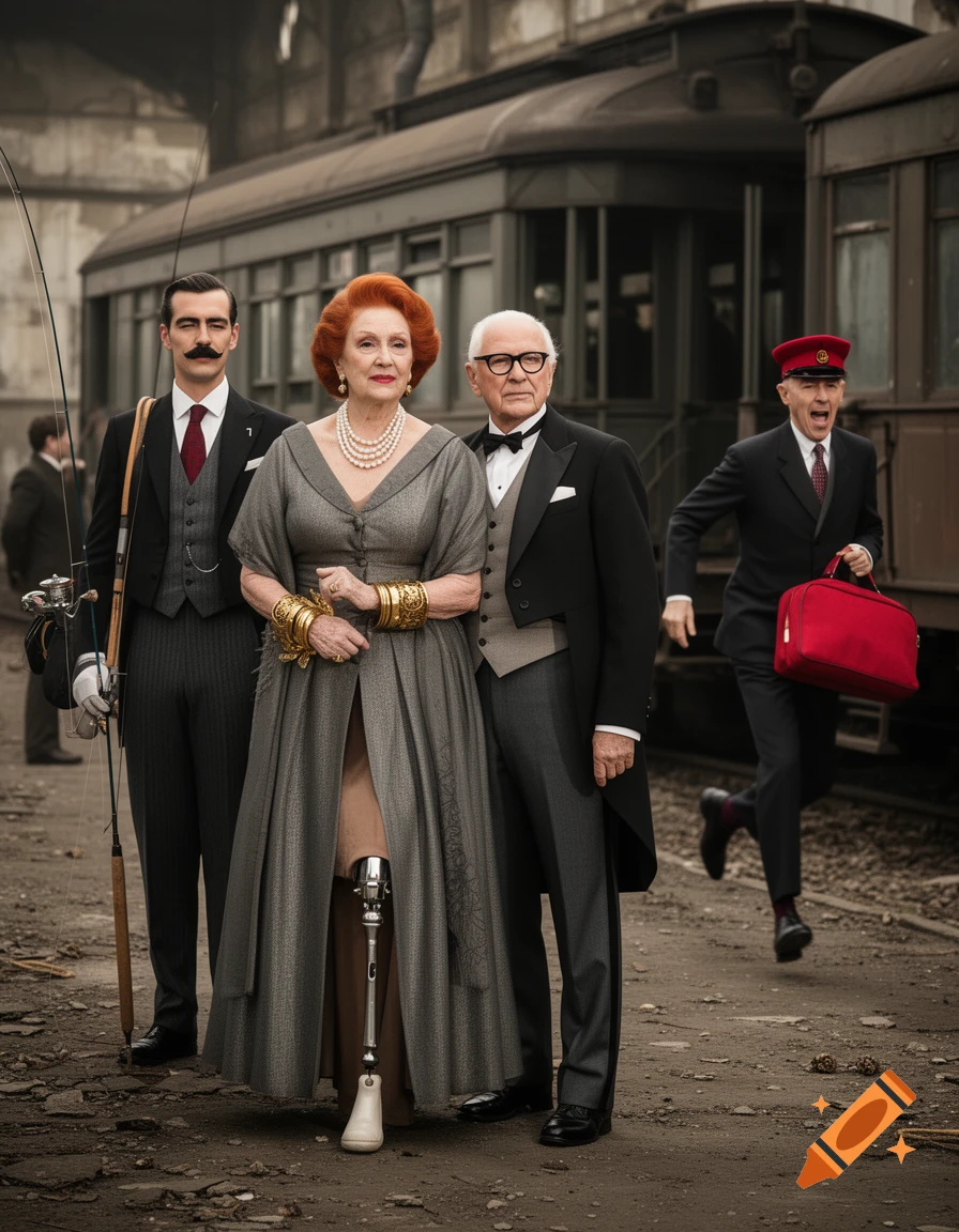 A photorealistic image of three well-dressed people, including an older woman with a prosthetic leg and an older man in a tuxedo, standing by an old train in a dilapidated station while a conductor runs in the background.