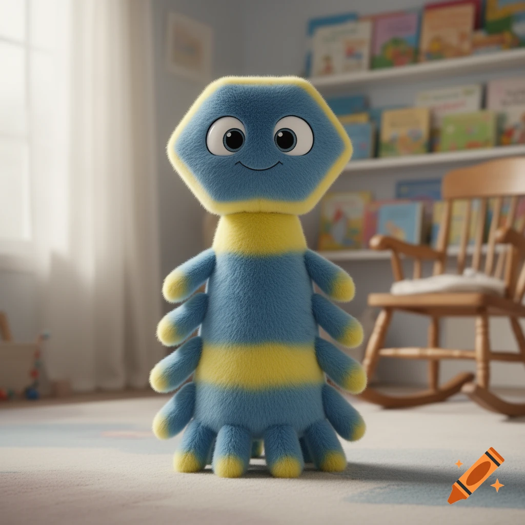 A fuzzy blue and yellow stuffed animal with a hexagonal head, large eyes, a smile, and multiple legs, stands in a child's room.