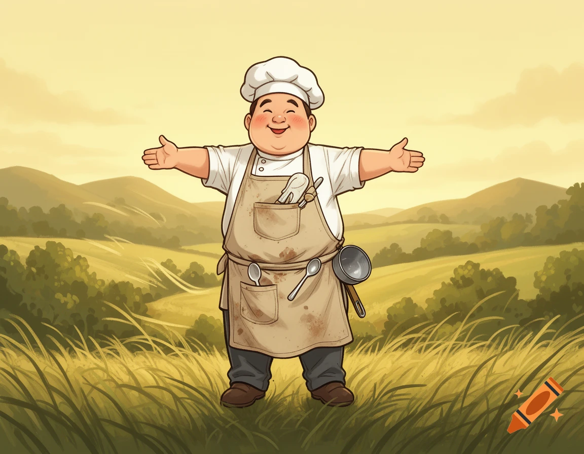 A happy, plump cartoon chef in an apron and hat stands with arms open in a golden grassy field with rolling hills.