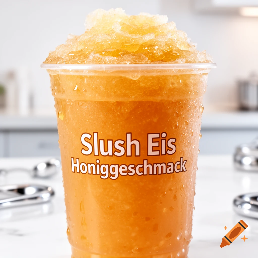 A plastic cup of orange honey-flavored slush ice, topped with shaved ice, in a bright setting.
