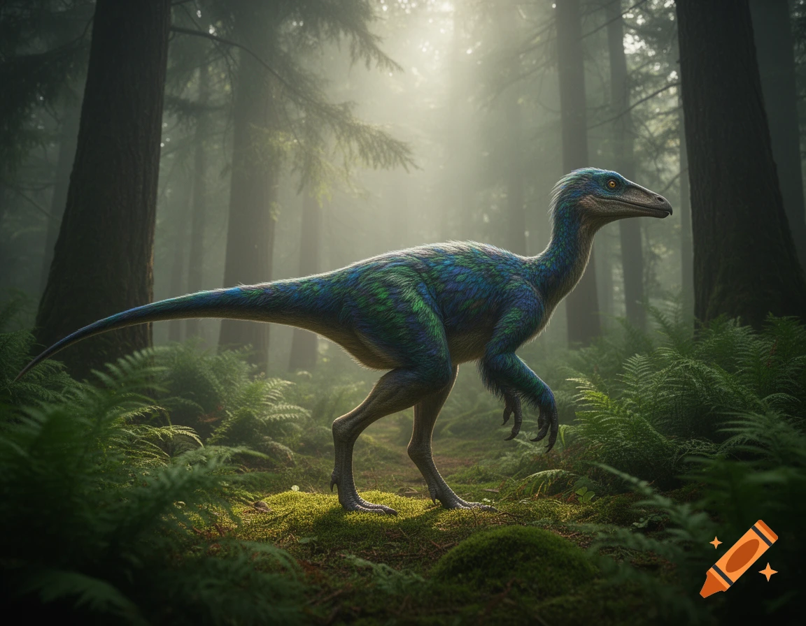 A blue-green feathered Aquilovenator dinosaur walks through a misty temperate forest with ferns and tall conifers.