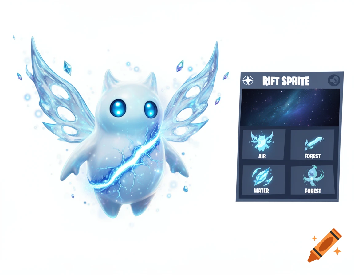 A white and blue floating creature with glowing eyes and energy wings, with a concept art panel beside it featuring text and elemental icons.