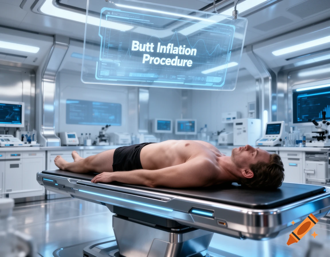 Shirtless man on a futuristic medical table in a sterile lab, with a holographic screen displaying 'Butt Inflation Procedure'.