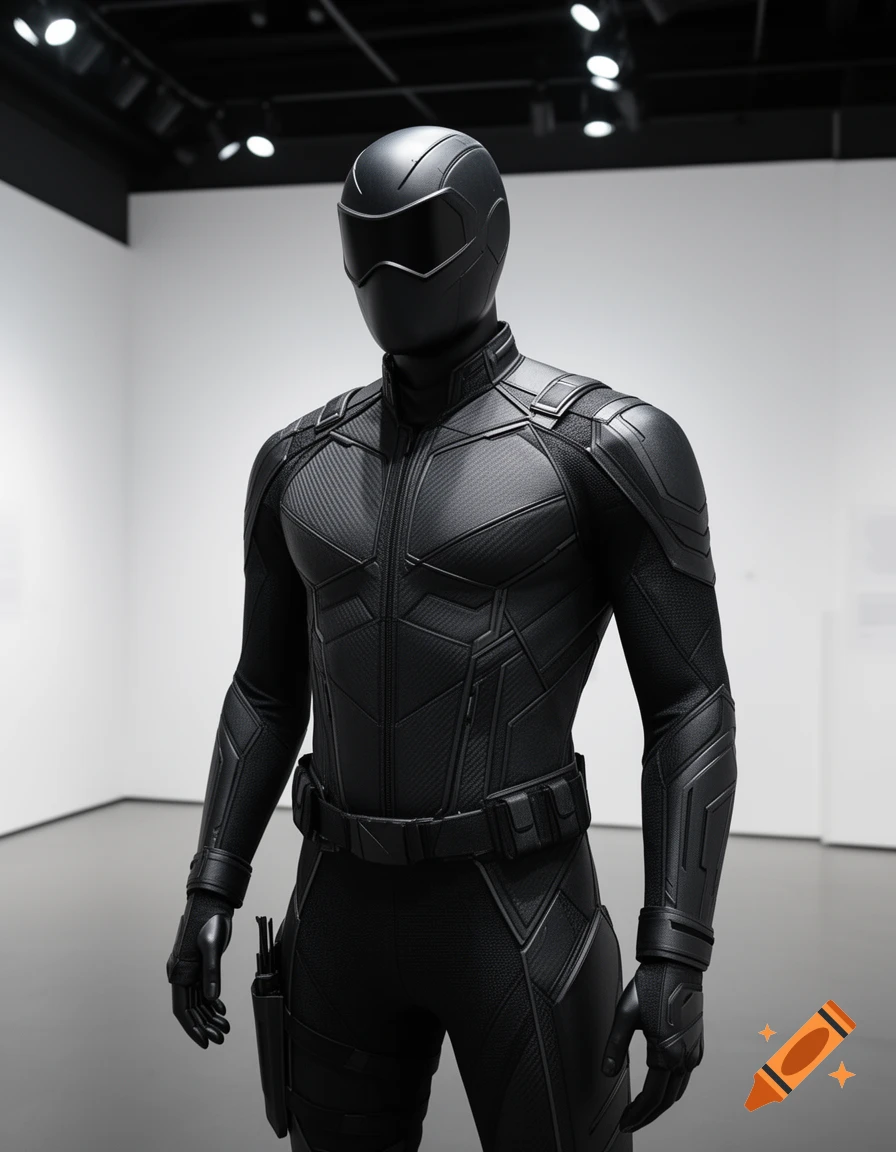 A full-body shot of a black, modern vigilante costume with a helmet, displayed on a mannequin in a white gallery.