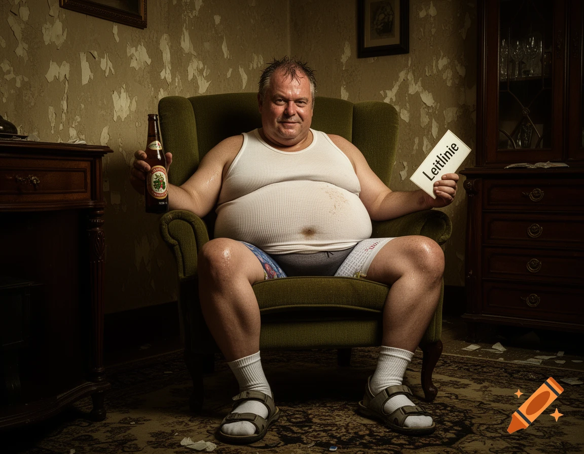 A sweaty, overweight man in a tank top and boxers sits in an armchair, holding a beer and a sign saying 'Leitlinie' in a dimly lit, old-fashioned room.