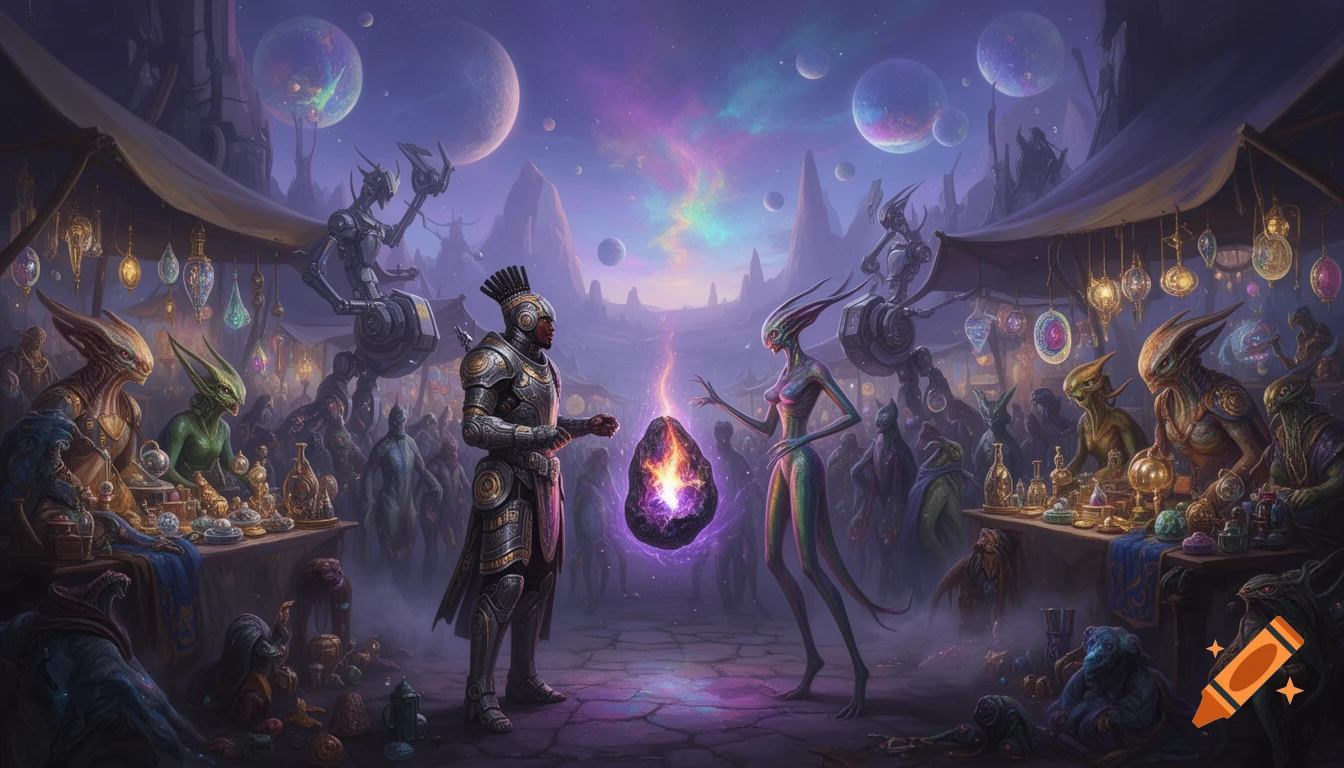 A knight in Afrofuturist armor haggles with an alien at a vibrant sci-fi fantasy marketplace under a sky with multiple planets.